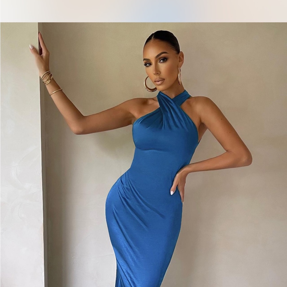 Club L london Unstoppable halter Blue Satin Dress